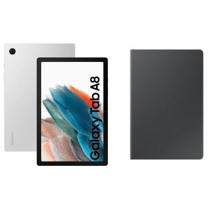 SAMSUNG Galaxy Tab A8 10.5" 4G Tablet (64 GB, Silver) & Book Cover (Dark Grey) Bundle