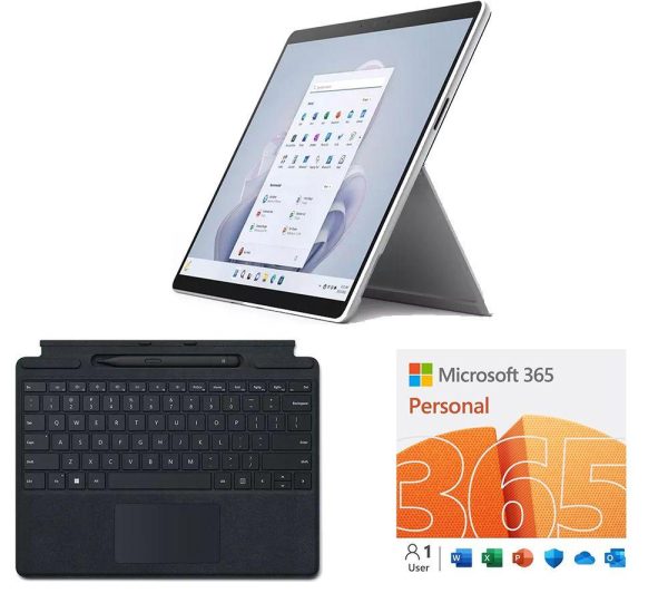 MICROSOFT 13" Surface Pro 9, 1 Year + 3 Months 365 Personal (5 devices), Type Cover & Slim Pen 2 Bundle - Intel® Core i5, 256 GB SSD, Platinum