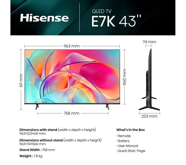 HISENSE 43E7KQTUK 43" Smart 4K Ultra HD HDR QLED TV with Amazon Alexa