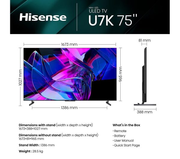 HISENSE 75U7KQTUK 75" Smart 4K Ultra HD HDR Mini-LED TV with Amazon Alexa