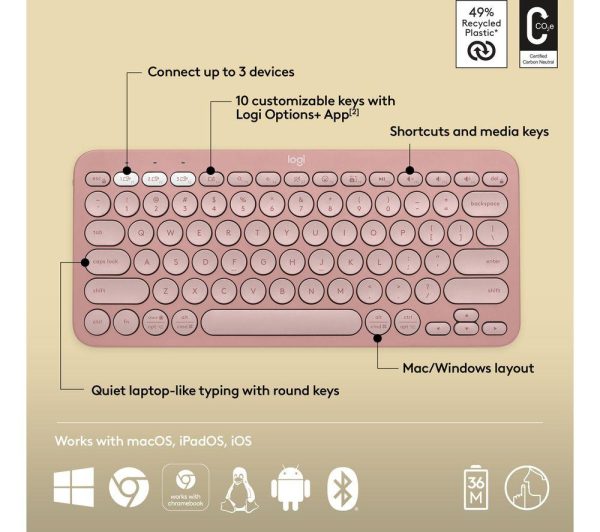 LOGITECH Pebble Keys 2 K380S Wireless Keyboard - Pink