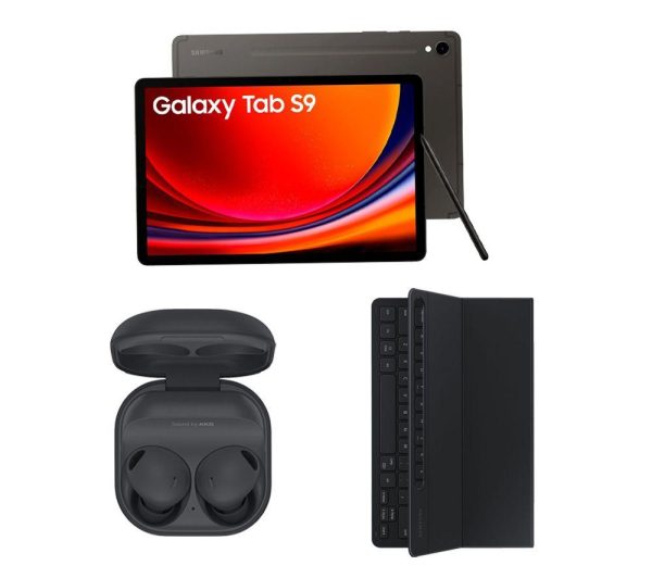 SAMSUNG Galaxy Tab S9 11" Tablet (128 GB, Graphite), S9 Slim Book Cover Keyboard Case & Buds2 Pro Noise-Cancelling Earbuds Bundle