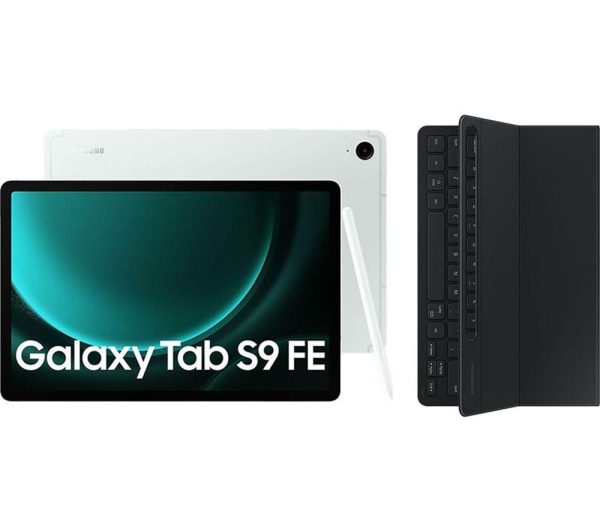 SAMSUNG Galaxy Tab S9 FE 10.9" Tablet (128 GB, Mint) & Galaxy Tab S9 and S9 FE Slim Book Cover Keyboard Case Bundle