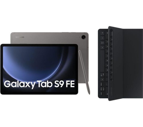 SAMSUNG Galaxy Tab S9 FE 10.9" Tablet (256 GB, Grey) & Galaxy Tab S9 and S9 FE Slim Book Cover Keyboard Case Bundle