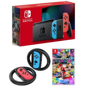 NINTENDO Switch Neon, Mario Kart 8 & Joy-Con Racing Wheels Bundle