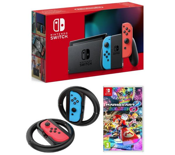 NINTENDO Switch Neon, Mario Kart 8 & Joy-Con Racing Wheels Bundle