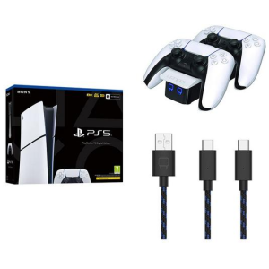 SONY PlayStation 5 Digital Edition Model Group, VS5001 Twin Docking Station (White) & Charge Cable Bundle