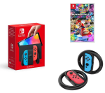 NINTENDO Switch OLED Neon, Mario Kart 8 Deluxe & Racing Wheels Bundle