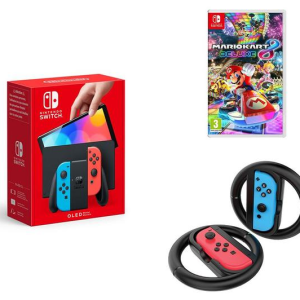 NINTENDO Switch OLED Neon, Mario Kart 8 Deluxe & Racing Wheels Bundle