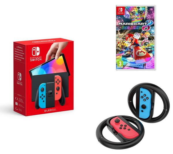 NINTENDO Switch OLED Neon, Mario Kart 8 Deluxe & Racing Wheels Bundle