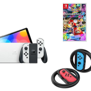 NINTENDO Switch OLED White, Mario Kart 8 Deluxe & Venom Joy-Con Racing Wheels Bundle