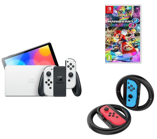 NINTENDO Switch OLED White, Mario Kart 8 Deluxe & Venom Joy-Con Racing Wheels Bundle