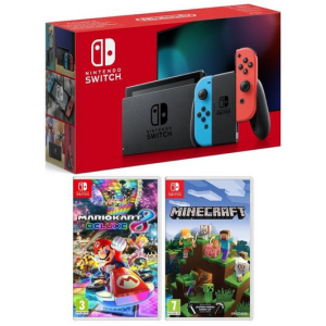 NINTENDO Switch Neon Red & Blue, Minecraft & Mario Kart 8 Deluxe Bundle