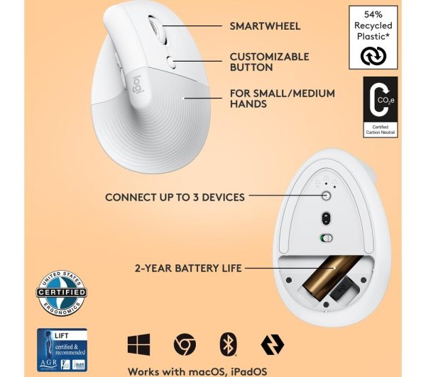 LOGITECH Lift Vertical Ergonomic Optical Mouse - White