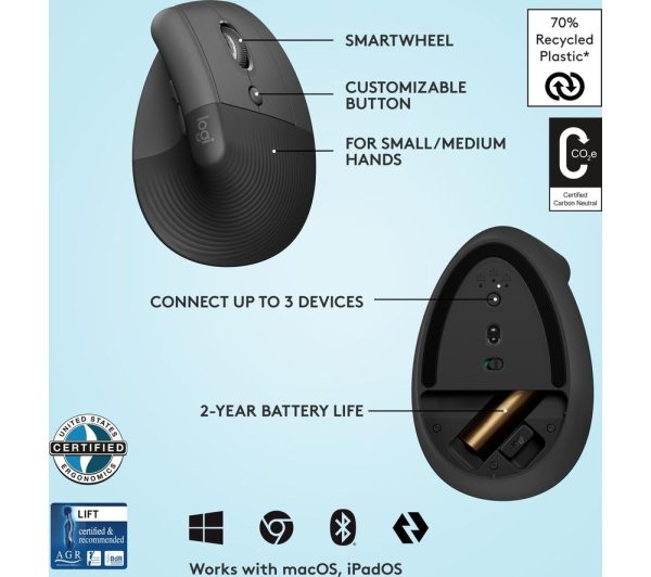LOGITECH Lift Vertical Ergonomic Optical Mouse - Graphite
