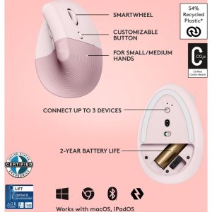 LOGITECH Lift Vertical Ergonomic Optical Mouse - Rose