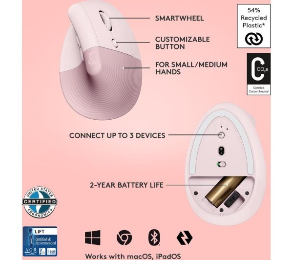 LOGITECH Lift Vertical Ergonomic Optical Mouse - Rose