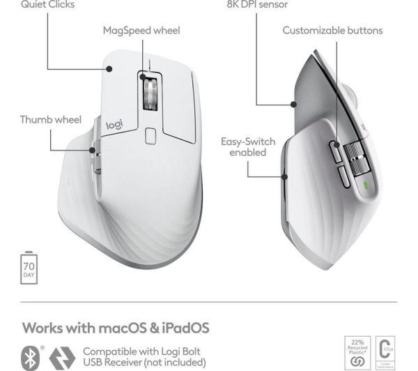 LOGITECH MX Master 3S for Mac Wireless Darkfield Mouse - Pale Grey