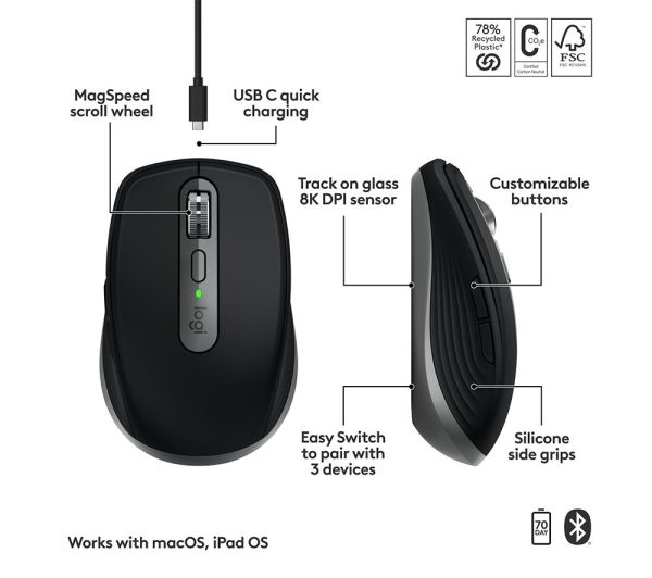 LOGITECH MX Anywhere 3S for Mac Wireless Darkfield Mouse - Space Grey