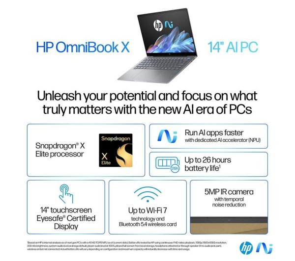 HP OmniBook X 14" Laptop, Copilot+ PC - Snapdragon X Elite, 1 TB SSD, Silver