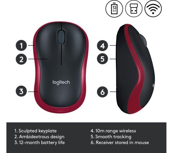 LOGITECH M185 Wireless Optical Mouse - Black & Red