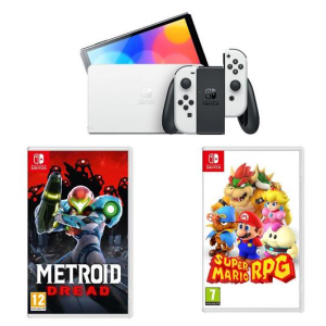 NINTENDO Switch OLED, Super Mario RPG & Metroid Dread Bundle - Neon Red & Blue