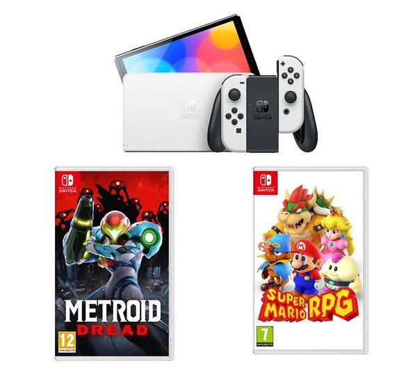 NINTENDO Switch OLED, Super Mario RPG & Metroid Dread Bundle - Neon Red & Blue
