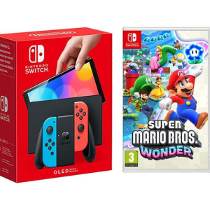 NINTENDO Switch OLED (Neon Red & Blue) & Super Mario Bros. Wonder Bundle