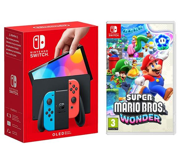 NINTENDO Switch OLED (Neon Red & Blue) & Super Mario Bros. Wonder Bundle
