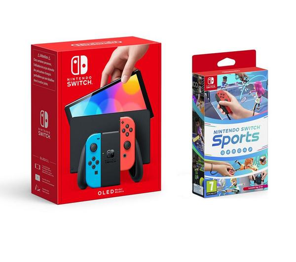 NINTENDO Switch OLED & Sports Bundle - Neon Red & Blue