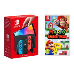 NINTENDO Switch OLED (Neon Red & Blue) & Mario vs Donkey Kong Bundle
