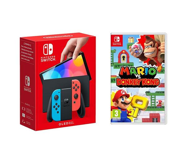 NINTENDO Switch OLED (Neon Red & Blue) & Mario vs Donkey Kong Bundle