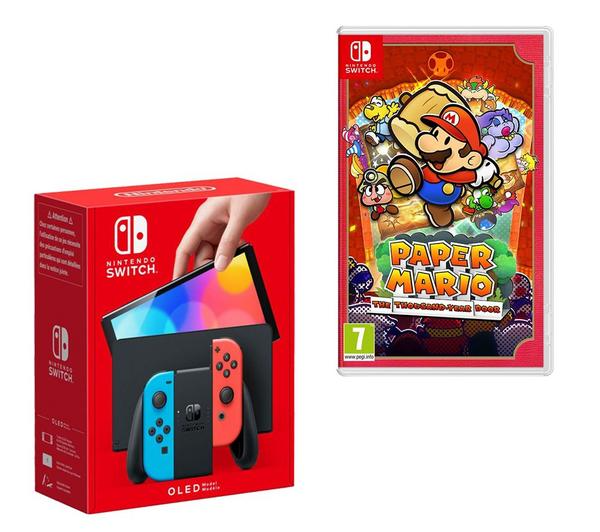 NINTENDO Switch OLED & Paper Mario: The Thousand-Year Door Bundle - Neon Red & Blue